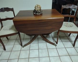 Duncan Phyfe Drop Leaf Table with 2 Needlepoint Seat, Wood Chairs