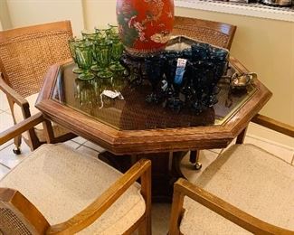 nice game table and chairs plus Mikasa and Fostoria glassware