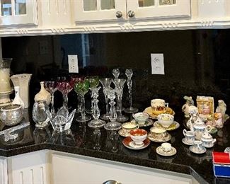 Assorted glassware, teacups & saucers & more!