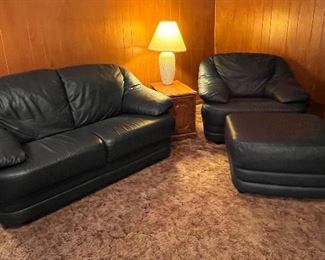 Navy leather sofa, loveseat, chair with ottoman in like new condition
