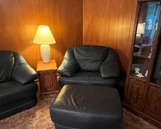 Navy leather sofa, loveseat, chair with ottoman in like new condition