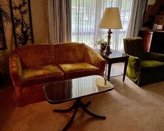 Vintage sofa and chair; end tables, lamps 