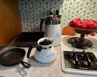 Cornflower Corningware; Cast iron skillets