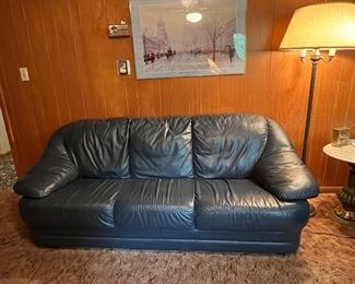 Navy leather sofa, loveseat, chair with ottoman in like new condition