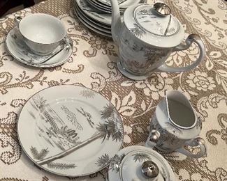 Vintage Hayasi Kutoni Japanese Metallic Silver Mt. Fugi Foot Bridge Fine China Tea Set (1950s)