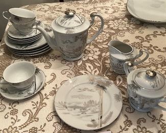 Vintage Hayasi Kutoni Japanese Metallic Silver Mt. Fugi Foot Bridge Fine China Tea Set (1950s)