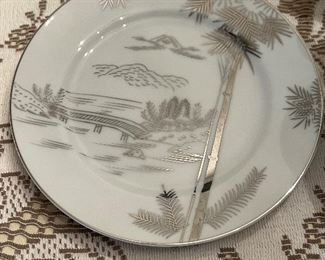 Vintage Hayasi Kutoni Japanese Metallic Silver Mt. Fugi Foot Bridge Fine China Tea Set (1950s)