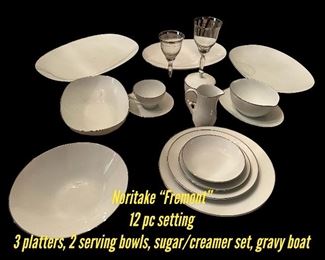 Noritake “Fremont” 12 pc setting - 3 platters, 2 serving bowls, sugar/creamer set, gray boat