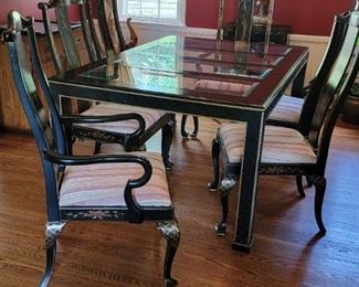 Asian Black Lacquer Dining Table and Chair Set