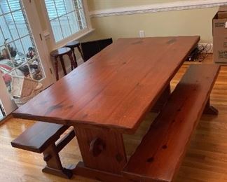 02 Beautiful Vintage Handmade Table With 2 Benches