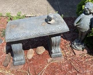 Cement Bench, Girl, Planter And Frog