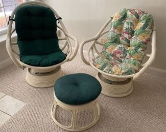 Lot Of 2 White Wicker Swivel Chairs With Ottoman