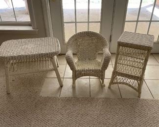 Lot Of 2 White Wicker Tables And 1 Childs Wicker Rocker