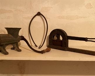 Vintage Meat Grinder, Tobacco Cutter And Tongs