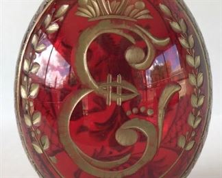 Faberge Egg Ruby Red Etched Cut Glass