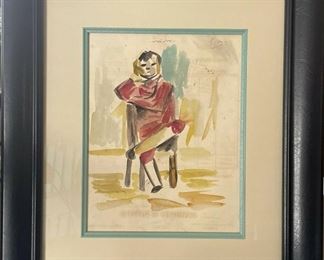 Pablo Picasso Lithograph Watercolor Man Sitting Circa  1905. Matted  Framed