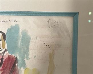 Pablo Picasso Lithograph Watercolor Man Sitting Circa  1905. Matted  Framed SIGNATURE