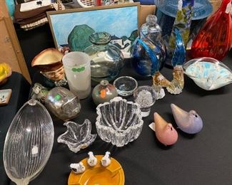 Murano signed doves, cutest ash tray/ candy dish ever, and fabulous signed Kost Boda paper weights