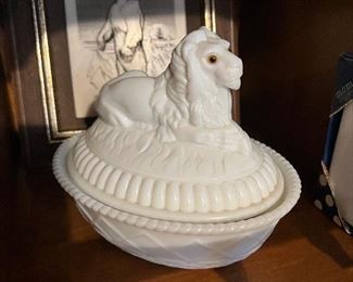 $68~ANTIQUE WESTMORELAND MILK GLASS LION ON A  LACY BASE COVERED DISH