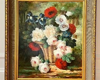 "Flowers in Basket" Signed Oil on Canvas