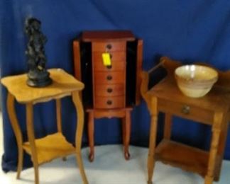 Oak plant stand with male figurine, small jewelry chest, country wash stand and vintage bowl