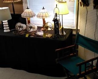 Leaded glass and other table lamps, electric wall sconces (vintage and new), folding director chair