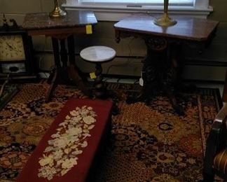Two Victorian marble top tables with wonderful old lamps, needlepoint long bench, antique barley twist white marble top plant stand, Asian style area rug