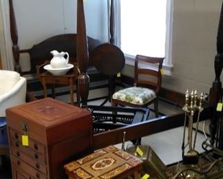 Queen size four poster bed, Asian silver chest, Italian music box table, brass fireplace fender and brass tools, etc.