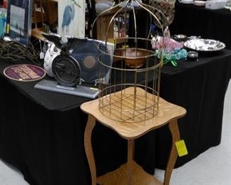 Oak side table, brass décor cage, some militaria