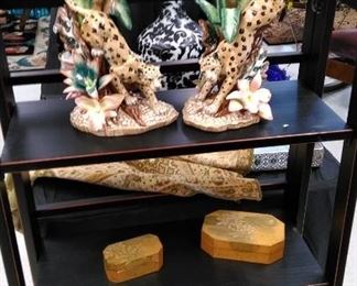 Fitz and Floyd porcelain leopard figurines, etc. (shelf not for sale)