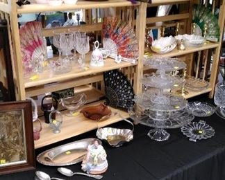 Various crystal, glass and porcelain items, silver plate serving utensils, glass cake stands