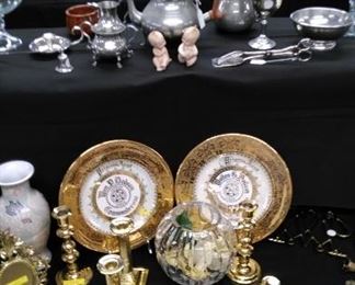 Top; Williamsburg Pewter pieces (tea set) , Bottom: Virginia Metal Crafters and Baldwin brass items, gold overlay commemorative plates