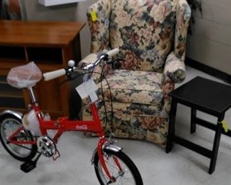Coca-Cola 100th Anniversary folding bicycle, vintage arm chair, storage  cabinet/TV stand/side table
