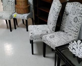 Four upholstered side chairs, MCM book shelf