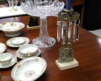 French prism girandoles, lead crystal centerpiece pedestaled bowl