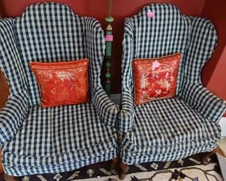 Lot 173 Pair Gingham Wingchairs with down cushion covers   400  Pair