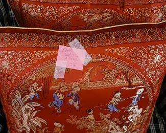 Lot 174   Pair red Silk Chinoiserie pillows    30