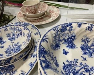 Blue Toile  and Pink Toile Dishware. Both colors are complete with 8 place setting plus serving dishes (never used)