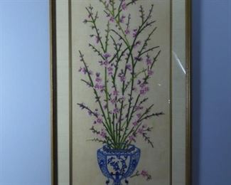 Beautiful Large Framed Floral Crewel Work Wall Hanging