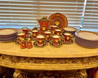 ROSENTHAL MEETS VERSACE 44 piece red, black, yellow and gold-tone porcelain Rosenthal Meets Versace Medusa tableware set