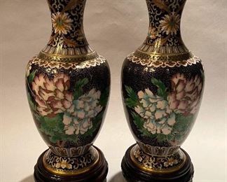 Pair of Vintage Cloisonné Vases with Stands