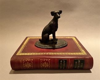 Patinated Metal Dog Statue on a Faux Book “The Double Helix”
