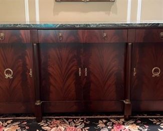 Vintage French Empire Style Marble Top Flame Mahogany Sideboard