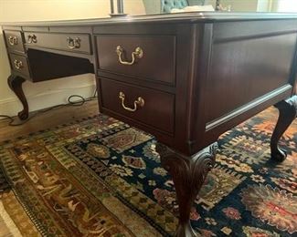Contemporary “Sligh” Chippendale Ball and Claw Style Mahogany Executive Leather Top Desk