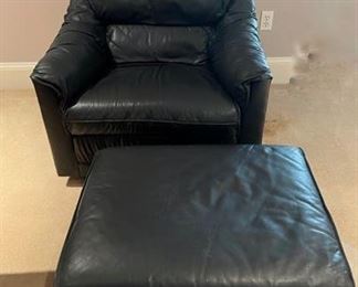 Vintage Leathercraft Blue Leather Chair and Ottoman