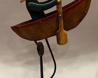 Vintage Folk Art Style Metal Balancing Kinetic Rowboat Fisherman