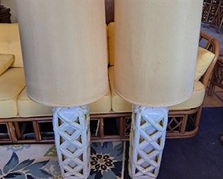 Green and White Trellis Bamboo Lamp - Ceramic