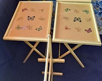 Vintage Canary Yellow "Butterfly" fold tray tables with a original rack stand. 1950's Mid Century. Underside of table include Maker's Label, Mark, and Patent.