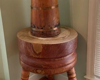 002 Antique Primitive Round Butchers Block and Antique Butter Churn