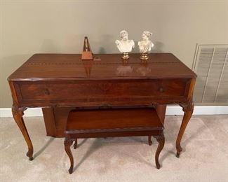 Antique Gulbransen Studio Piano Polished Mahogany with Matching Bench and Two Greek God Busts